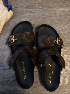 Louis Vuitton Bom Dia Brown Monogram Double-Buckle Slides with Gold Hardware